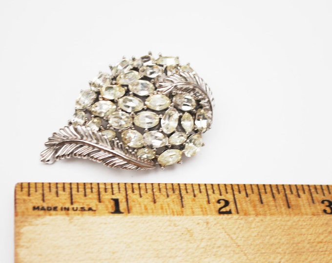 Crown Trifari Brooch - Clear Rhinestone - silver Leaf - Mid Century Pin