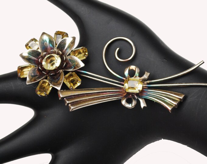 Sterling Flower Brooch - Yellow rhinestone - Art Deco - Silver Floral pin