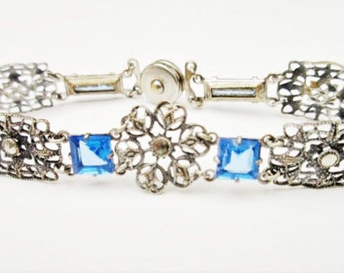 Blue Glass Link Bracelet with 1930s snap clasp - Marcasite silver plated filigree panels Art Dec0 Bracelet