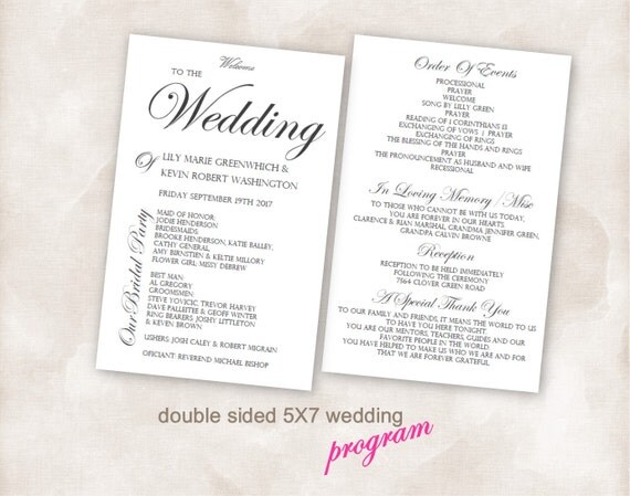 5x7 ANY COLOR Printable Wedding Program Double Sided TEMPLATE