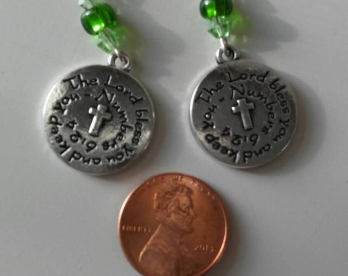 The Lord bless you and keep you Christian handmade earrings Numbers 6:24 Scripture charm Message charm earrings silver with green beads #673