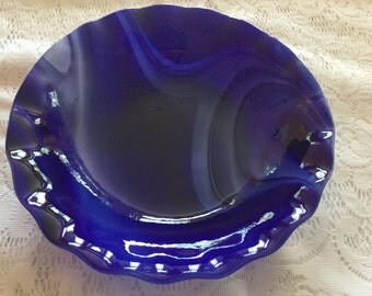 Fused Glass Bowl, Cobalt Blue Art Glass Bowl, Cobalt Blue Kiln Formed Serving Bowl