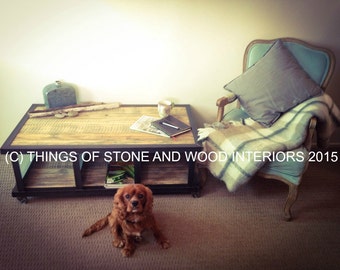 Large industrial coffee table with mesh sides and grey wash recycled timber on castors.
