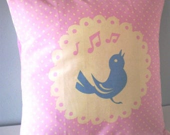 Bird Song Cushion / Pillow cover Upcycled Teatowel
