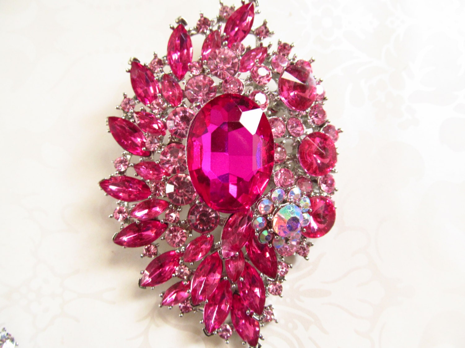 Hot Pink Rhinestone Brooch Large Bridal Brooch Crystal 