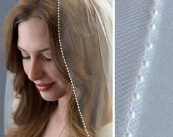 Pearl Wedding Veil, Pearl Edge Bridal Veil, Pearl Veil, Fingertip Length Veil, Elbow Length Veil, Ivory Veil, White Veil,Bride Veil ~VB-5059