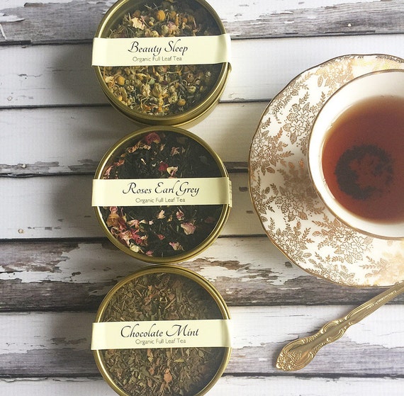 Organic Full Leaf Tea - Trio Gold Tea Tins Set - Tea Lovers Gift - Tea - Tea Gift  / Favors / Bridesmaids Gift / Set of 3