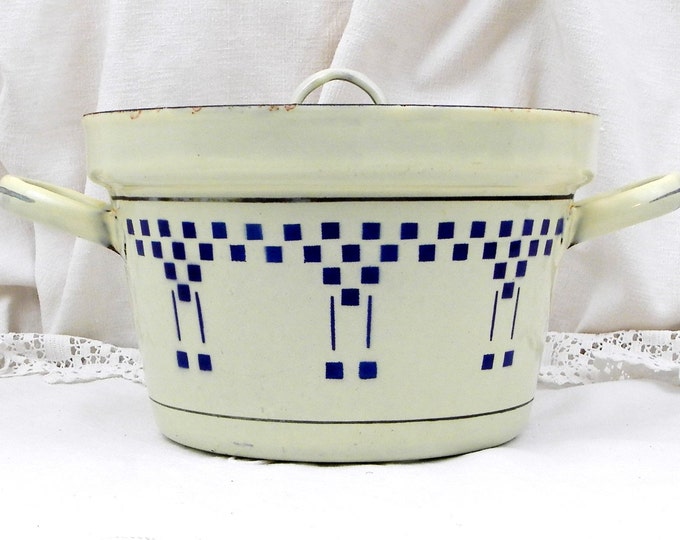 Antique French Lustucru Blue and Pale Yellow Enamelware Lidded Cooking Pot / Pan, Enamel, Cottage Kitchen, Farm Country Decor Rustic Chic