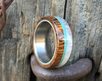 Mens Wedding Band Wood w/ Antler & Turquoise - Staghead Designs