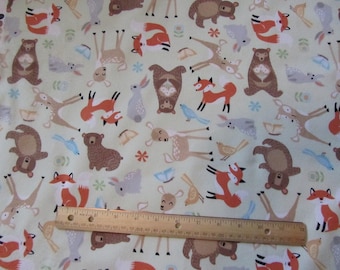 Green Woodland Animal/Fox/Bear/Deer Flannel Fabric by the Yard