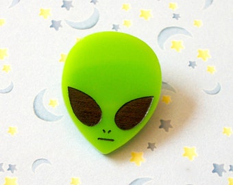 Rad 90s Acrylic Alien Pin, Neon Green Alien Head Brooch Pinback