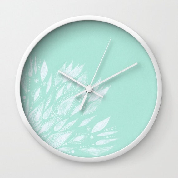 Items similar to Modern Floral Mint Wall Clock, modern wall clock, mint