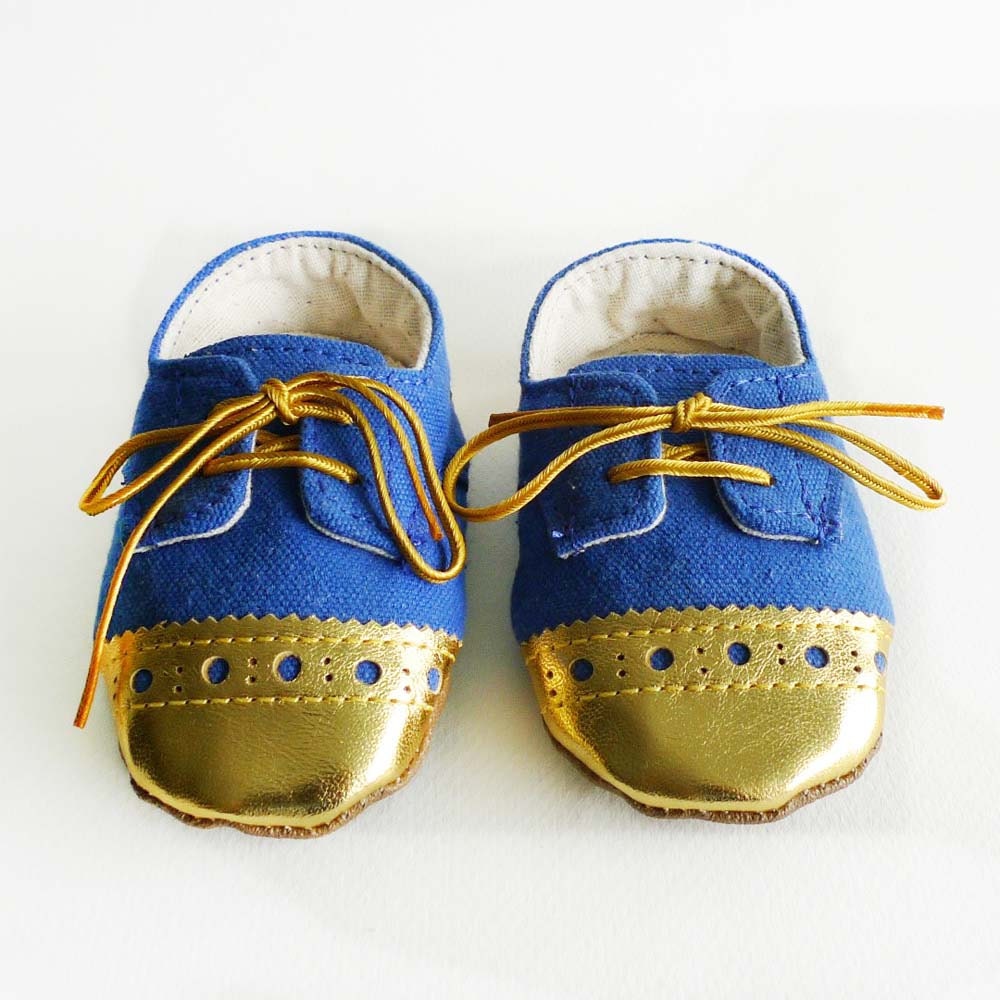 Baby Boy Toddler Shoes Royal Blue Canvas with Brogued Gold