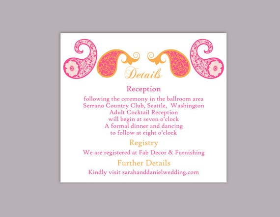 DIY Bollywood Wedding Details Card Template Editable Word File Download Printable Pink Orange Details Card Paisley Elegant Enclosure Cards