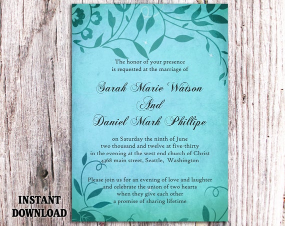 DIY Rustic Wedding Invitation Template Editable Word File Download Printable Invitation Turquoise Blue Invitation Leaf Wedding Invitation