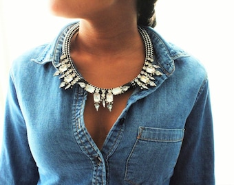 Black and White Embellished Cord Statement Necklace