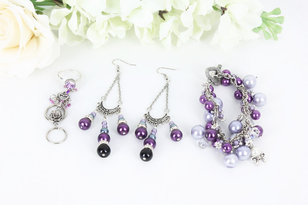Purple pearl jewelry set Bridal pearl jewelry by VioletVanilla