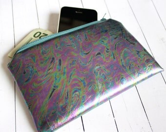 Dark iridescent pouch / holographic purse, small pouch, faux leather