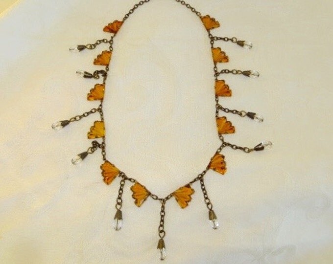 Art Deco Czech Necklace Amber Vauxhall Glass Faceted Fans with Clear Crystal Drops Czech Glass