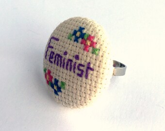 Feminist floral cross stitch covered button adjustable ring