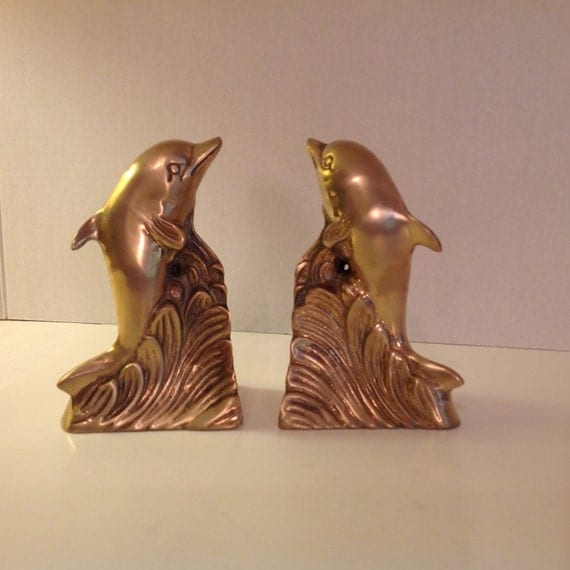 Pair Brass Dolphin Bookends 1975 Elegant Look