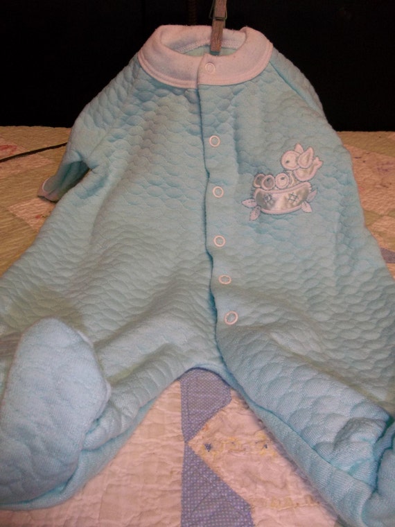 CLEARANCE! was 6.50 Vintage Baby Boy Blue Footed Pajama One Piece with Birds and Nest Applique, T