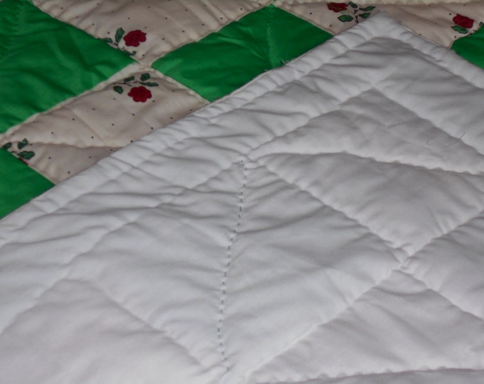 Double Irish Chain Green & White Flower Bed Runner, Bed Decoration or Wedding Gift