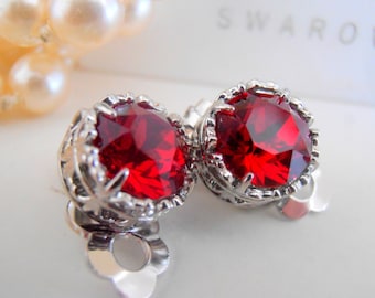 Swarovski Clip on earrings, Siam Red Studs, Non Pierced for girls, Post Earrings, Art Deco, Filigree, Vintage Jewelry, Platinum Plated