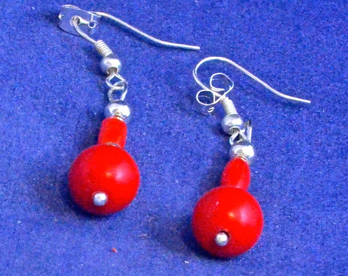 Red Coral Dangle Earrings, Natural, Sterling French Hooks E982