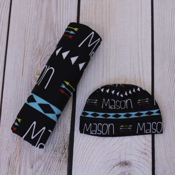 Personalized baby hat and swaddle blanket set by AudreysBear