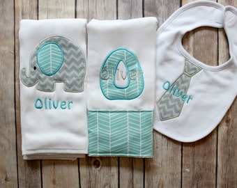 Monogrammed Baby Boy Elephant Burp Cloth Tie Bib, Baby Boy Elephant Burp Cloth Set, Personalized Baby Boy Gift, Chevron Elephant Baby Gift