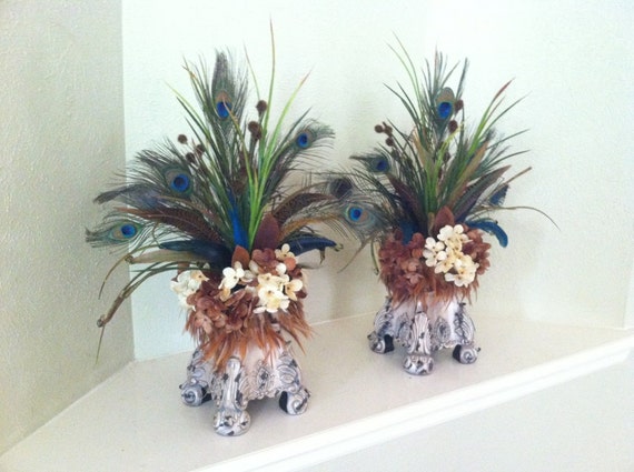 Items Similar To Pair Of Matching Peacock Feather Faux Floral Arrangements Silk Flower 6627