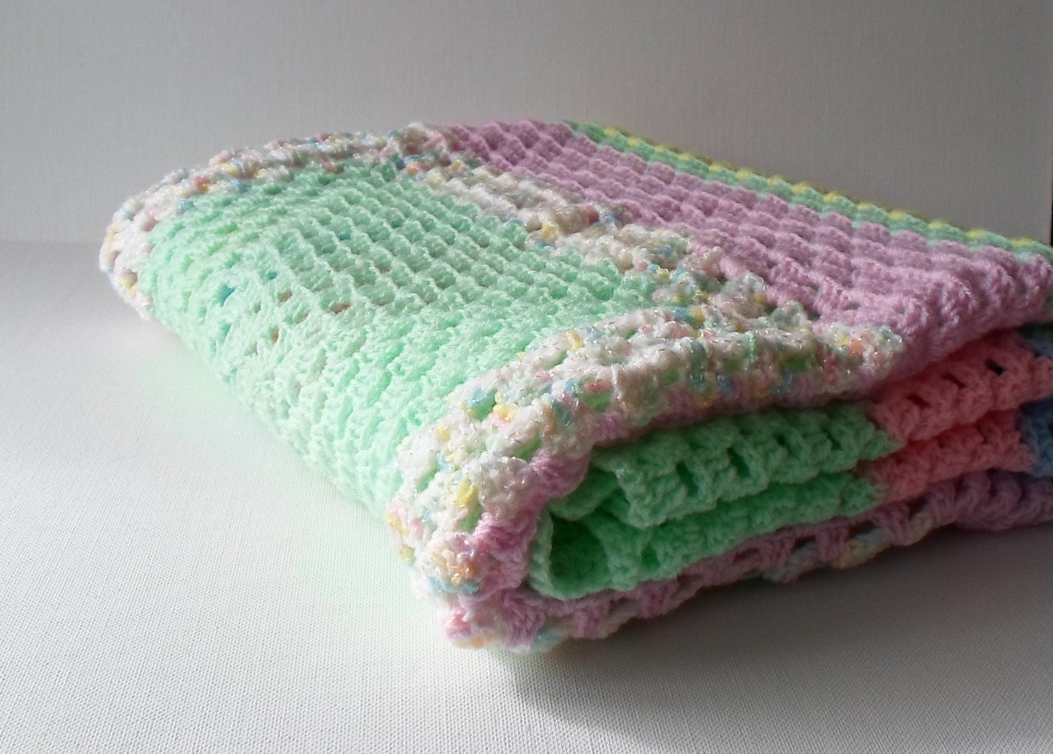 Handmade Baby Blanket/Afghan Crocheted Pastel Multi Colored