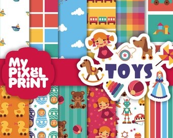 Toys - Play Fun Children Kids Dolls Kites Boats Robots Teddy Bears Russian Doll Toy Story - Digital Scrapbooking Paper Pack - My Pixel Print