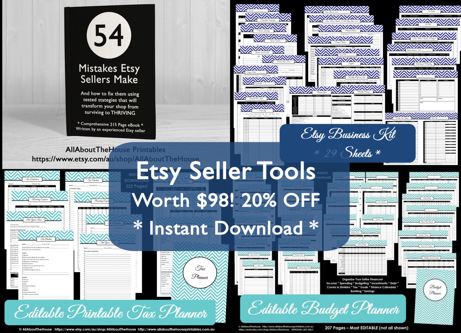etsy business planner printable download ebook for etsy seller grow increase sales revenue seo optomise marketing strategy tax planner budget binder