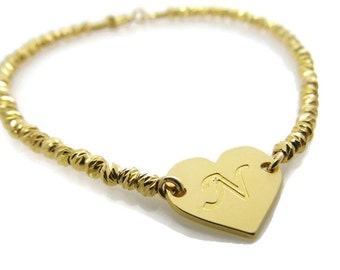 Initial bracelet. Heart gold bracelet. Gold bracelet. Beaded letter bracelet. Personalized bracelet. Gold plated brass bracelet. Gift ideas