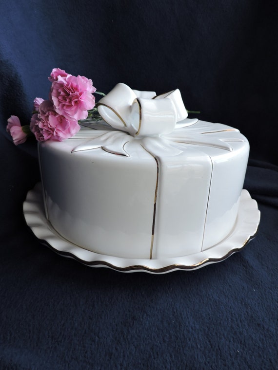 White Ceramic Cake Dome with Bow Vintage Cake Server Made