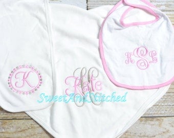 Monogrammed baby girl gift set layette, monogram burp cloth, blanket, bib, Baby girl take home, Personalized Baby girl Set