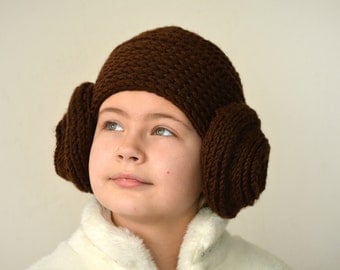 Princess Leia wig hat, womens star wars costume, crochet earflap hat, Photo prop adult funny hat, christmas in july, mommy and me outfits
