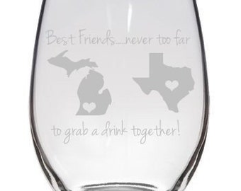 Best Friends Long Distance Friends State to State Share a Drink Wine Glass Pint Glass Pilsner Etc. Gift - Set of 2