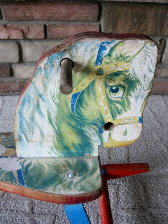Wood ROCKING Horse With Bell Gong Bell Mfg by oakiesclaptrap