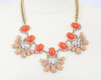 Blush Fan Necklace Coral Orange Dusty Pink Statement Necklace Rhinestone Fan Necklace Chunky Bib Necklace