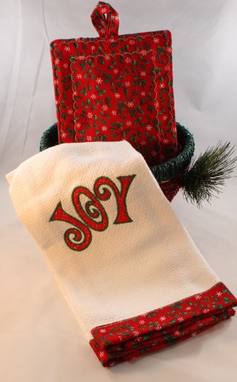 Kitchen Towel Set Holiday Christmas White and Red with Green