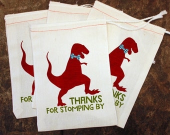 Dinosaur Birthday Party Favor Bags - White Muslin Bag / Thanks for Stomping By / Kids Candy Bag / Toddler Dino Party / Thank You Gift Supply