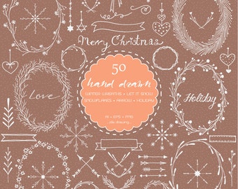 50 Hand Drawn Winter Wreaths Digital Clip Art-Merry Christmas-Christmas Decoration-Winter-Christmas Card-Chalkboard-Holiday-Scrapbooking