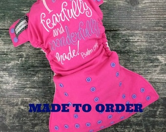 One size pocket / Christian embroidery / I Am Fearfully and Wonderfully Made cloth diaper / Made to Order / Little Beasties / leg gussets