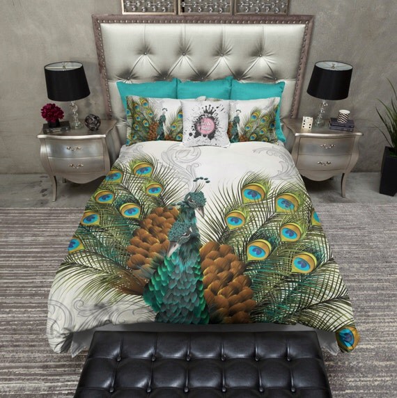 Lightweight Peacock Bedding Large Colorful Detailed by InkandRags