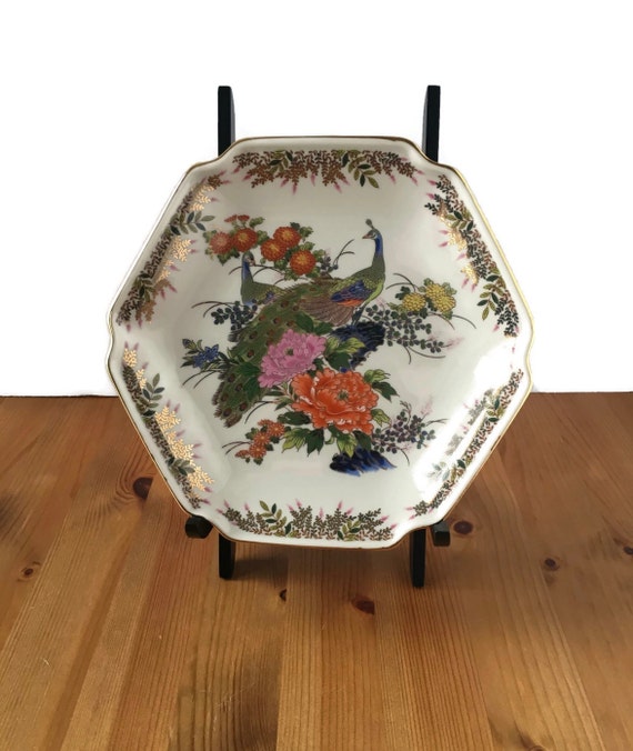 Vintage peacock plate decorative porcelain Yamaji Japan asian birds and flowers