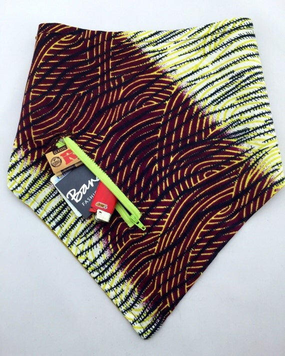 The Traveler: Crosshatch print in lime, brown, yellow on lightweight cotton & Spring Green Linen Reversible Bandana w/ Zippered Stash Pocket