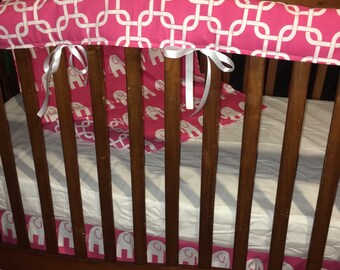 SALE***Hot pink and white Elephant/Dot/Gotcha/Minky 4 piece crib set (bumperless)